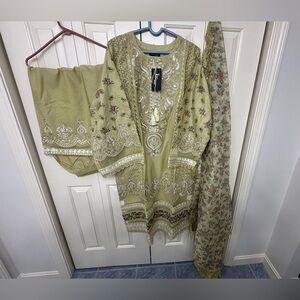 KARMA Embroidered Olive Green Traditional Kameez and Pallazo Outfit in size 24”